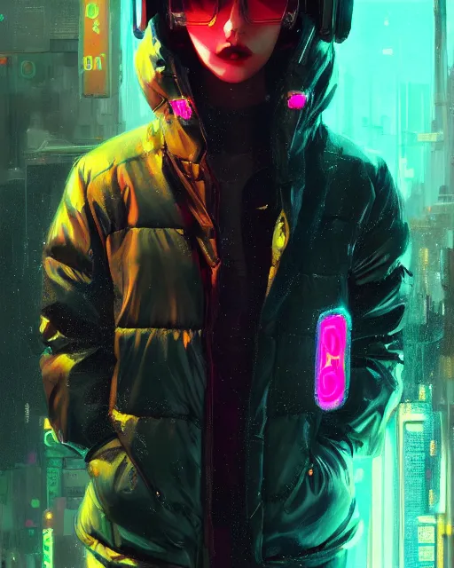 Image similar to detailed portrait Neon Operator Girl, cyberpunk futuristic neon, reflective puffy coat, decorated with traditional Japanese ornaments by Ismail inceoglu dragan bibin hans thoma greg rutkowski Alexandros Pyromallis Nekro Rene Maritte Illustrated, Perfect face, fine details, realistic shaded, fine-face, pretty face