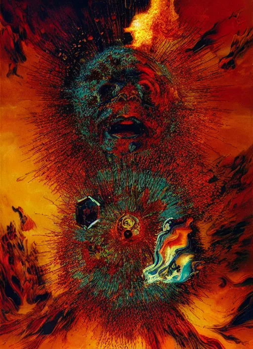 Image similar to exploding, cracking, colliding, smashing planets and moons engulfed in flames in the style of, pascal blanche, surreal, beksinski, damien hirst, high detailed