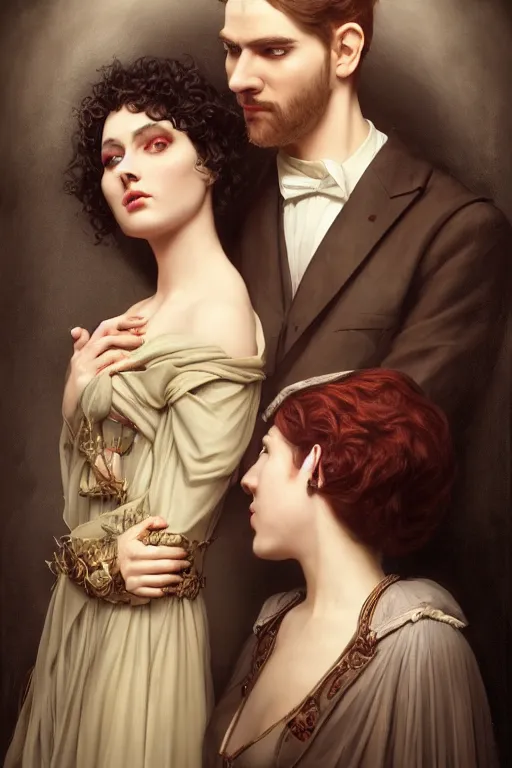 Image similar to a portrait of handsome young evil male Satan and his elegant beautiful wife, bored, illustration, dramatic lighting, soft details, painting oil on canvas, art nouveau, octane render, HDR, 4k, 8k, HD, by Edmund Blair Leighton, Brom, Charlie Bowater, trending on artstation, faces by Tom Bagshaw, Sargent