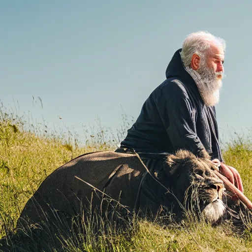 Image similar to old man with long white beard and a hood riding on lions back