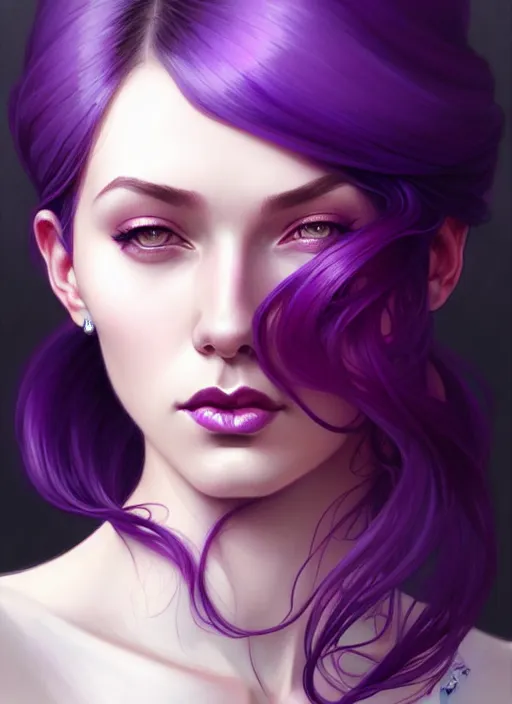 Image similar to Purple hair, creative colouring Portrait of woman, fashion, intricate, elegant, highly detailed, digital painting, artstation, concept art, smooth, sharp focus, illustration, art by artgerm and greg rutkowski and alphonse mucha