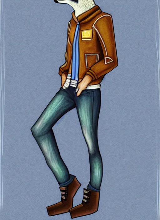 Image similar to expressive stylized master furry artist digital colored pencil painting full body portrait character study of the sergal wolf small head fursona animal person wearing clothes jacket and jeans by master furry artist blotch