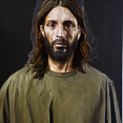 Image similar to a full body portrait of modern day jesus wearing olive green yeezy menswear collection by nicola samori, detailed, oil painting, smudges, hyper realistic, 8 k, yeezy collection