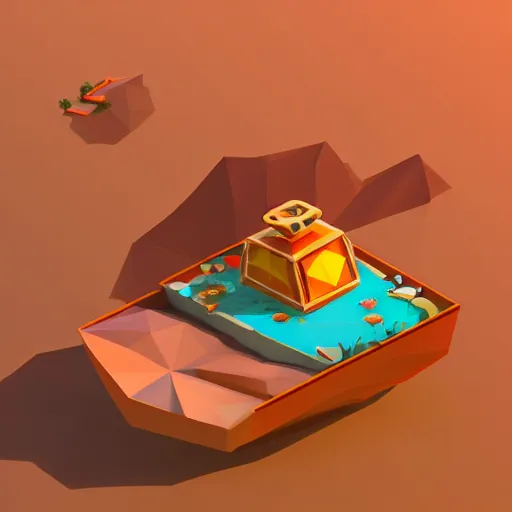 Prompt: boat in the dessert filled with gems, game concept, low poly, isometric