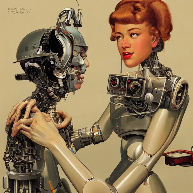 Image similar to robot artist painting a self - portrait on a canvas. intricate, highly detailed, digital matte painting in the style of sachin teng, and in the style of hans thoma, and in the style of gil elvgren. irony, recursion, inspiration.