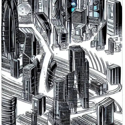 Prompt: futuristic city in style of mobius, comic art, highly detailed w - 5 1 2