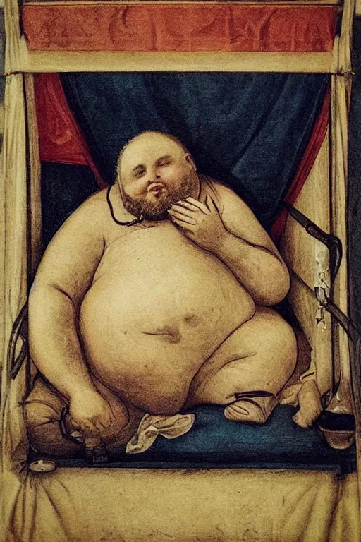 Prompt: “Bored Fat man with big beard in Hospital Bed with intravenous therapy. Medieval art”