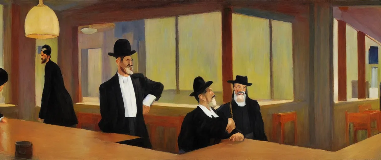 Image similar to a rabbi priest and minister walk into a bar, in the style of an awesome edward hopper painting