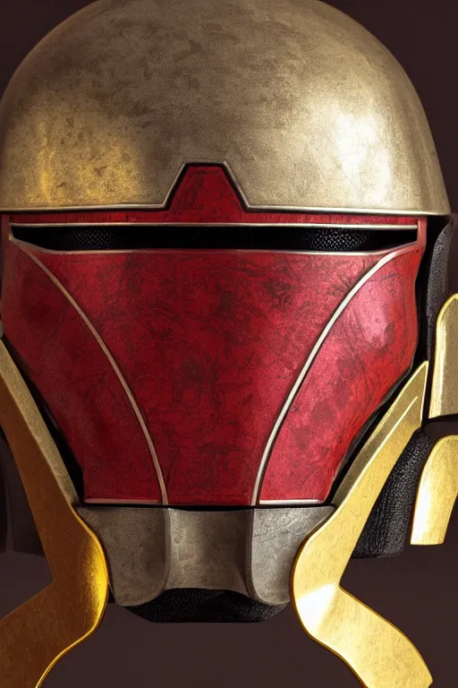 Image similar to an artistic and realistic 8k sculpture of a Mandalorian helmet, bright psychedelic color, dramatic lighting, silver gold red details, filigree, intricate details, cinematic, elegant, micro detail, octane render, filmic, interesting camera angle, nicely centered in frame, 8k post-processing, intricate art by John Collier and Alphonse Mucha and Greg Rutkowski