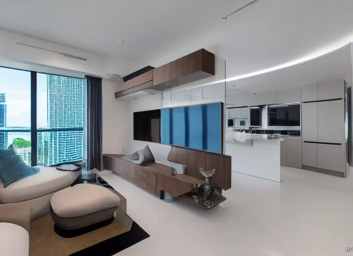 Prompt: 8 k photograph of stunning 2 0 2 2 stylish miami studio apartment interior, award winning modern design, gorgeous, high end, expensive, designed by koichi futatsumata