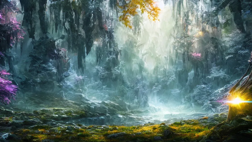 Image similar to crystal forest, fantasy artwork, very very very beautiful scenery, hd, hdr, ue5, ue6, unreal engine 5, cinematic 4k wallpaper, 8k, ultra detailed, high resolution, artstation, award winning