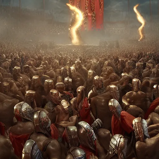 Image similar to anthropomorphic gladiators arena fighting for life with a crowd of spectators, duunes desert medium shot, key art by craig mullins, bloom, dramatic lighting, cinematic, high details