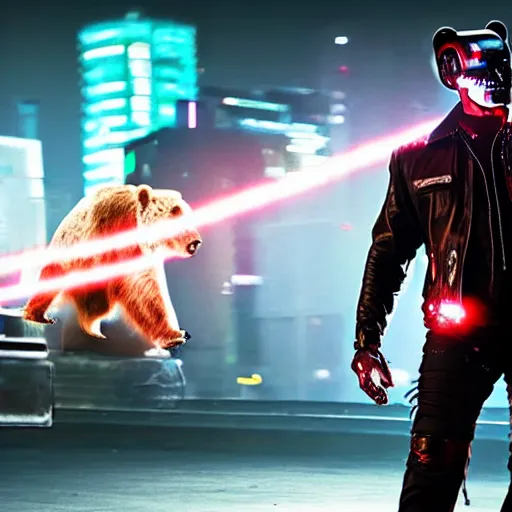 Image similar to a terminator android dressed as a cowboy superhero while wrestling a bear, 8 k, movie still, high detail, hyperrealistic, 2 0 7 7, cyberpunk aesthetic