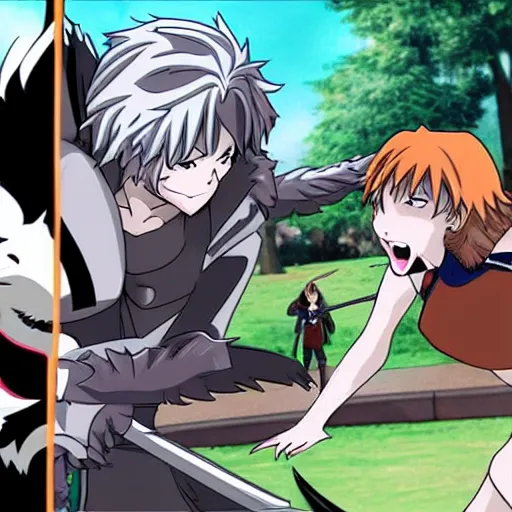 Prompt: a werewolf fighting a knight in anime style