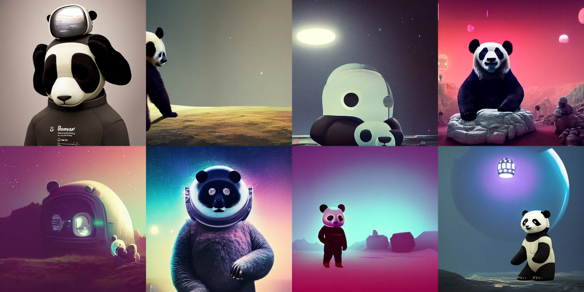 Prompt: beautiful dark landscape, panda bear wearing a space helmet standing looking at a giant cyborg robot panda bear head, in the style of beeple and Mike Winkelmann, photo real, ultra realistic, intricate, epic lighting, 8k resolution,