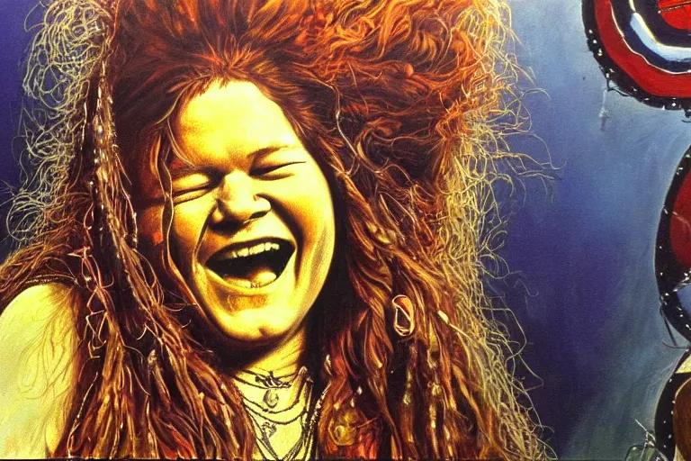 Image similar to highly detailed oil painting of janis joplin playing in woodstock 1 9 6 9, very realistic, top view, art nouveau, dramatic light,