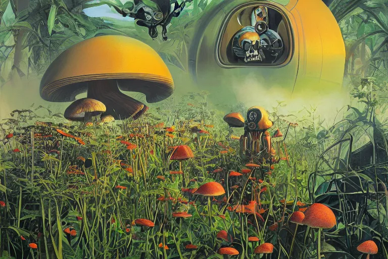 Prompt: surreal painting by syd mead and chesley bonestelll!!, a lot of jungle wild flowers + poison toxic mushrooms + long grass + broken droid + garden dwarf + mystic fog, 5 0's vintage sci - fi style, rule of third!!!!, line art, 8 k, super detailed, high quality