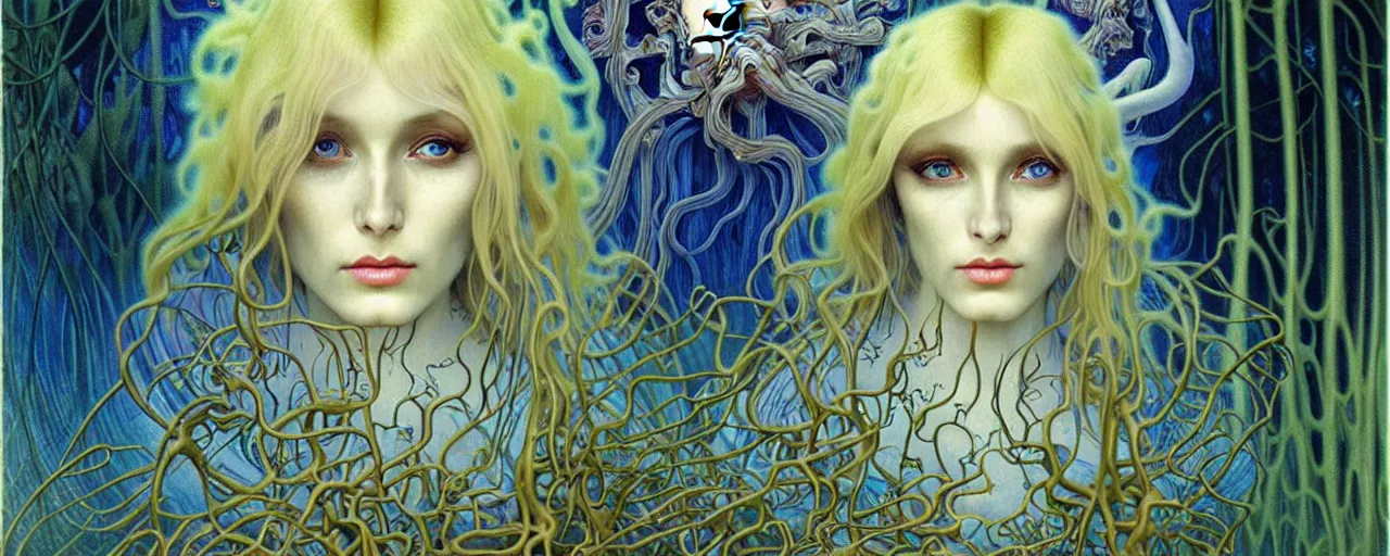 Image similar to realistic detailed portrait painting of a beautiful ghost woman with blond hair with an alien, futuristic sci-fi forest on background by Jean Delville, Amano, Yves Tanguy, Alphonse Mucha, Ernst Haeckel, Edward Robert Hughes, Roger Dean, rich moody colours, blue eyes