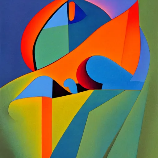 Image similar to woman woman as the natural landscape, her curves form the mountains and rivers of this land , high quality art in the style of cubism and georgia o’keefe,