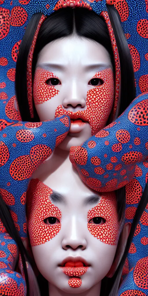 Image similar to hyperrealistic detailed image of a geisha in a art installation room, hd smooth interior by yayoi kusama, part by kei mieno, part by ross tran, dark art by james jean, ultra realistic, highly detailed, life like face, detailed body, 8 k, 3 d render by roger magrini, masterpiece