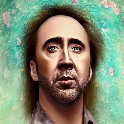 Image similar to nicolas cage is a disney princess, au naturel, hyper detailed, digital art, trending in artstation, cinematic lighting, studio quality, smooth render, unreal engine 5 rendered, octane rendered, art style by klimt and nixeu and ian sprigger and wlop and krenz cushart.