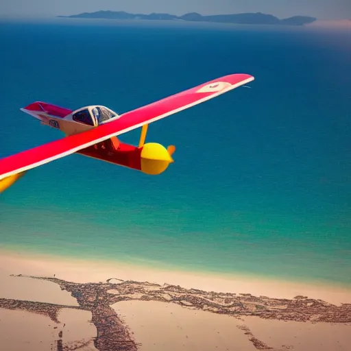 Image similar to hunter s. thompson flying a biplane over a beautiful oceanscape, 4 k,