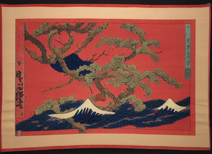 Prompt: Ukiyo-e style tapestry, Japanese, Persian carpet