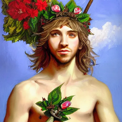 Prompt: a male feywild elf wearing a crown of flowers. he holds a dagger in his hand. baroque portrait. highly detailed oil painting.