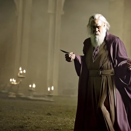 Prompt: william dafoe as dumbledore, film still, cinematic lighting