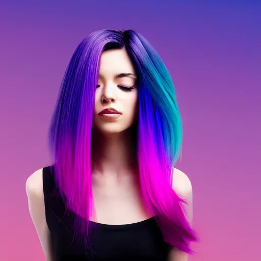 Image similar to a award winning half body portrait of a beautiful woman in a croptop with a ombre purple pink teal hairstyle with head in motion and hair flying, outrun, vaporware, vivid colors, highly detailed, fine detail, intricate