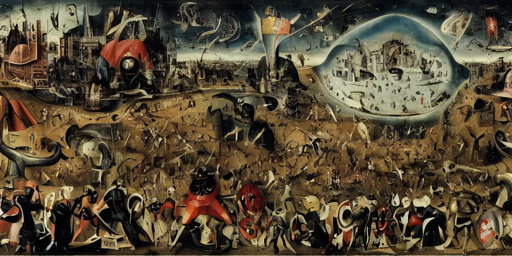 Image similar to Final scene of the Avengers movie with the battle between the Avengers and the Chitauri in New York by Hieronymus Bosch