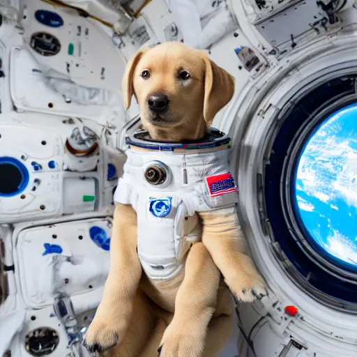 Prompt: a cute labrador puppy in a space suit floating inside the international space station, realistic, professional photography, 4 k, sharp lens, focus, depth of field