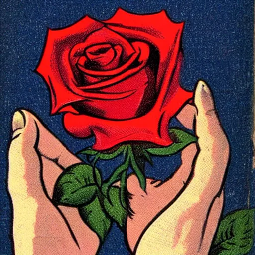Image similar to a hand holding a rose, vintage comic book illustration,