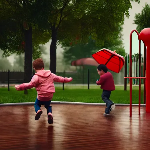 Prompt: kids playing at playground in the middle of rainy day. photorealistic, hyperrealistic, cinematic, artstation, octane render, unreal, 8 k