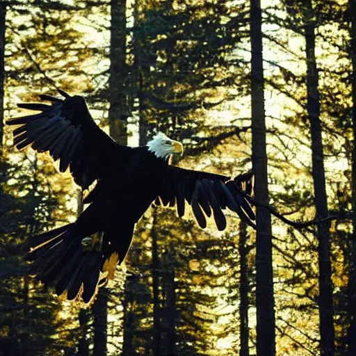 Prompt: creature consisting of a bald eagle and a human, golden hour, photograph captured in a forest