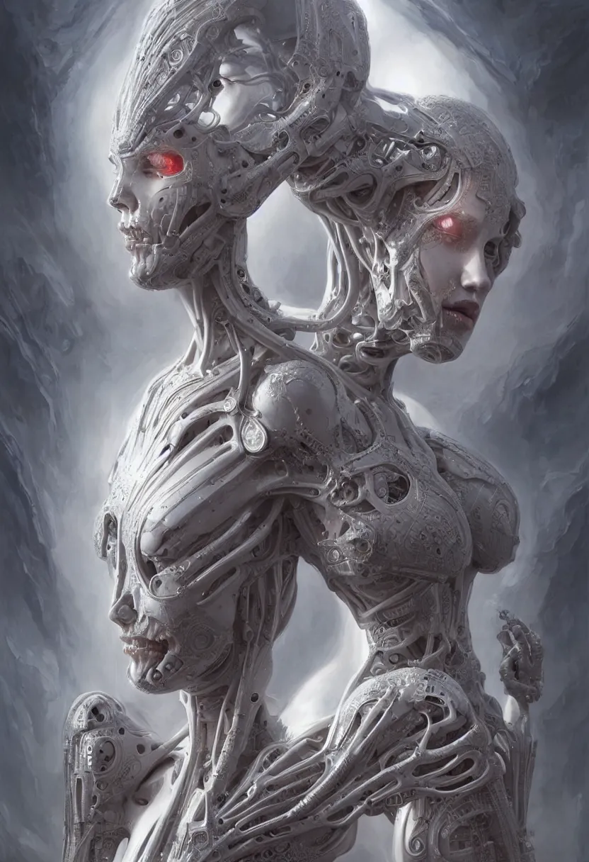 Image similar to beautiful white cyborg goddess, by william - adolphe bouguereaum artgerm and hr giger and zdzislaw beksinski, matte painting, hyperdetailed, symmetry, art nouveau, beautiful render, concept art