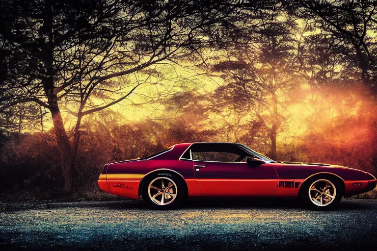 Image similar to pontiac firebird with grafitti tag on side, sunrise, dramatic, cinematic, forest, sunbeams, volumetric lighting, wide shot, low angle