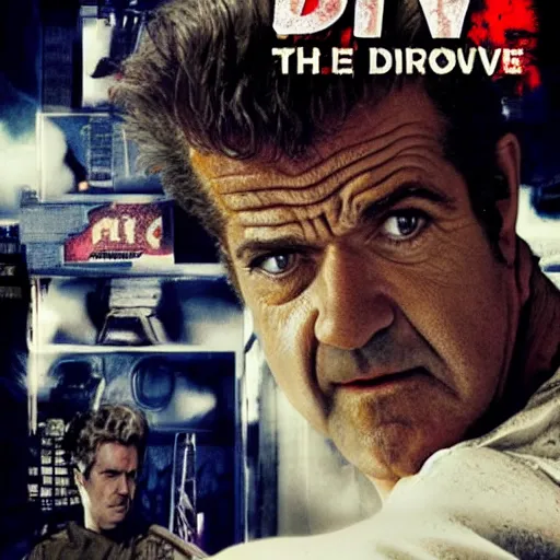 Image similar to [Mel Gibson as the guy from Drive, movie poster]