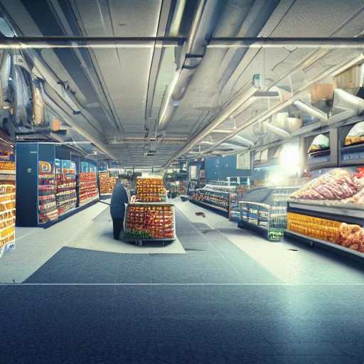 Image similar to grocery store aisle at the bottom of the ocean, cinematic movie scene, 60mm wide shot, precise architectural rendering, concept art, unreal engine, octane render, god rays