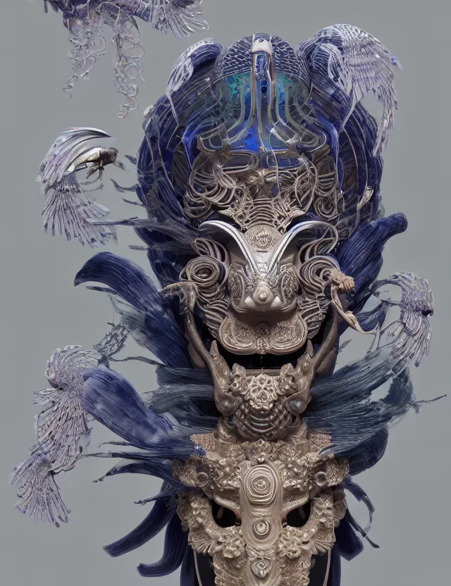 Image similar to 3 d goddess close - up frontal portrait with ram skull. beautiful intricately detailed japanese crow kitsune mask and clasical japanese kimono. betta fish, jellyfish phoenix, bio luminescent, plasma, ice, water, wind, creature, artwork by tooth wu and wlop and beeple and greg rutkowski