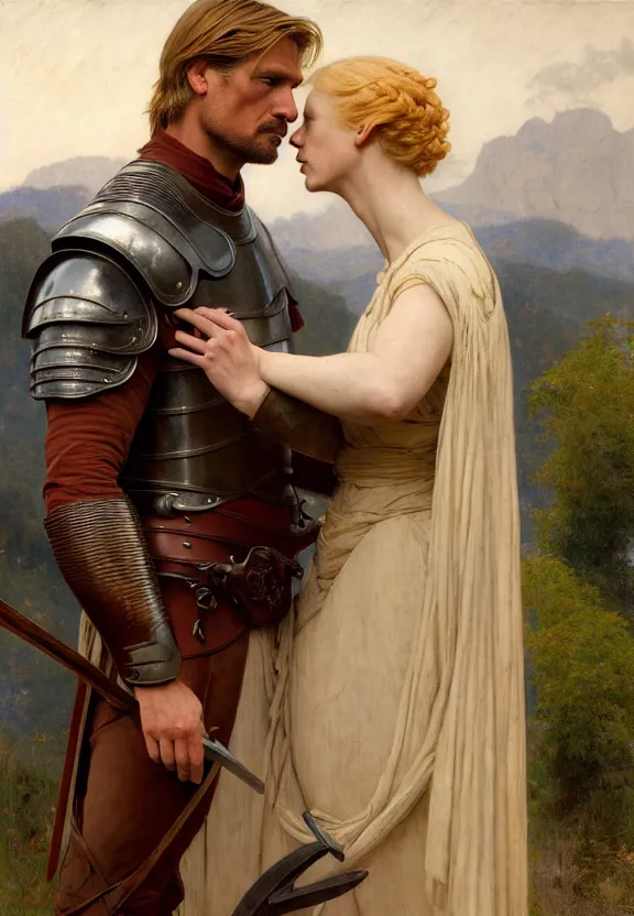 Image similar to attractive handsome fully clothed jaime lannister confesses his love for attractive fully armored brienne of tarth. centered composition. arthurian mountain and forest background. highly detailed painting by gaston bussiere and j. c. leyendecker and william adolphe bouguereau and fra angelico and octane render, musee d'orsay 8 k