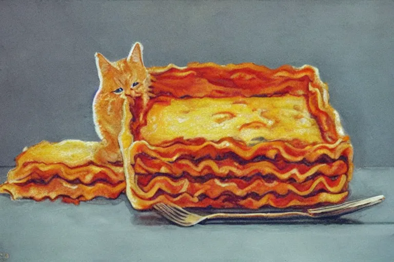 Image similar to large overweight orange cat eating lasagna by Roger Deakins