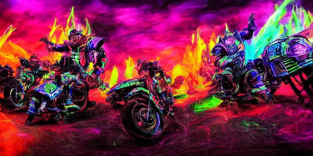 Image similar to psychedelic blacklight neon airbrush artwork, motorcycles, hyper stylized cinematic action shot of orcs in battle armor racing on motorcycles, menacing orcs, drifting, skidding, wheelie, clear focused details, soft airbrushed artwork, black background, post apocalypse, cgsociety, artstation