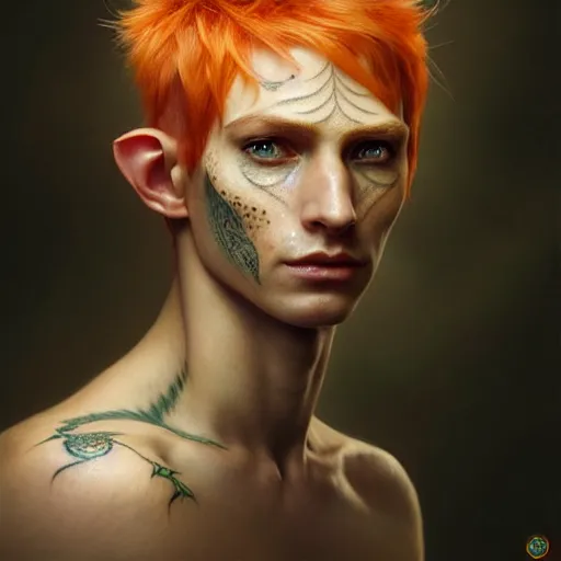 Prompt: portrait painting of an elven eladrin young man with short light orange hair and freckles and fine tribal tattoos on his cheekbones, ultra realistic, concept art, intricate details, eerie, highly detailed, photorealistic, octane render, 8 k, unreal engine. art by artgerm and greg rutkowski and charlie bowater and magali villeneuve and alphonse mucha