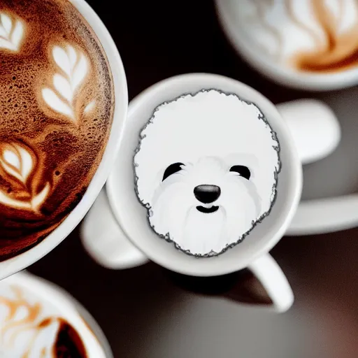 Image similar to a closeup photorealistic photograph of barista drawing bichon frise shaped latte art in a cup. professional capture, well lit shot. this 4 k hd image is trending on artstation, featured on behance, well - rendered, extra crisp, features intricate detail, epic composition and the style of unreal engine.