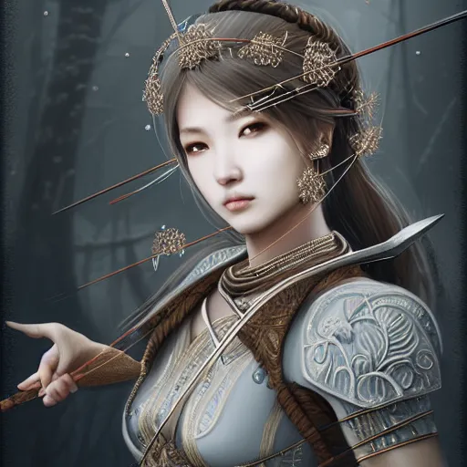 Image similar to beautiful extremely detailed intricate concept art depicting an archer by sakimichan. shining jewelry. grey atmosphere. particles in the background. bcy. net