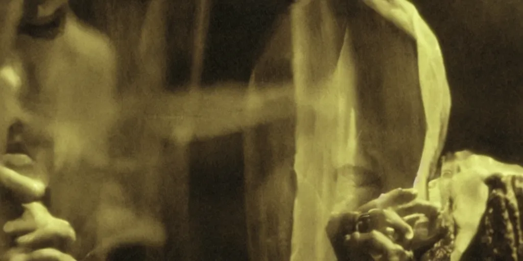 Prompt: Hildegard Von Bingen in a Wong Kar-wai film, 35mm film, step-printing