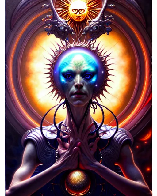 Image similar to the sun, tarot card, fantasy character portrait made of fractals, ultra realistic, wide angle, intricate details, the fifth element artifacts, highly detailed by peter mohrbacher, hajime sorayama, wayne barlowe, boris vallejo, aaron horkey, gaston bussiere, craig mullins