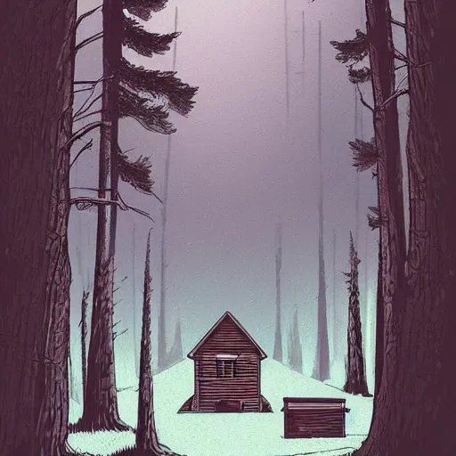 Prompt: a Ilustration of a Eerie cabin in the middle of the woods in the style of Dan Mumford