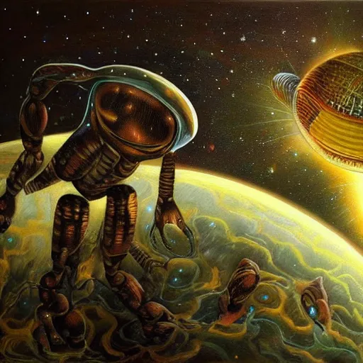 Image similar to artistic depiction of the first contact between humans and intelligent aliens, very detailed and mesmerizing painting